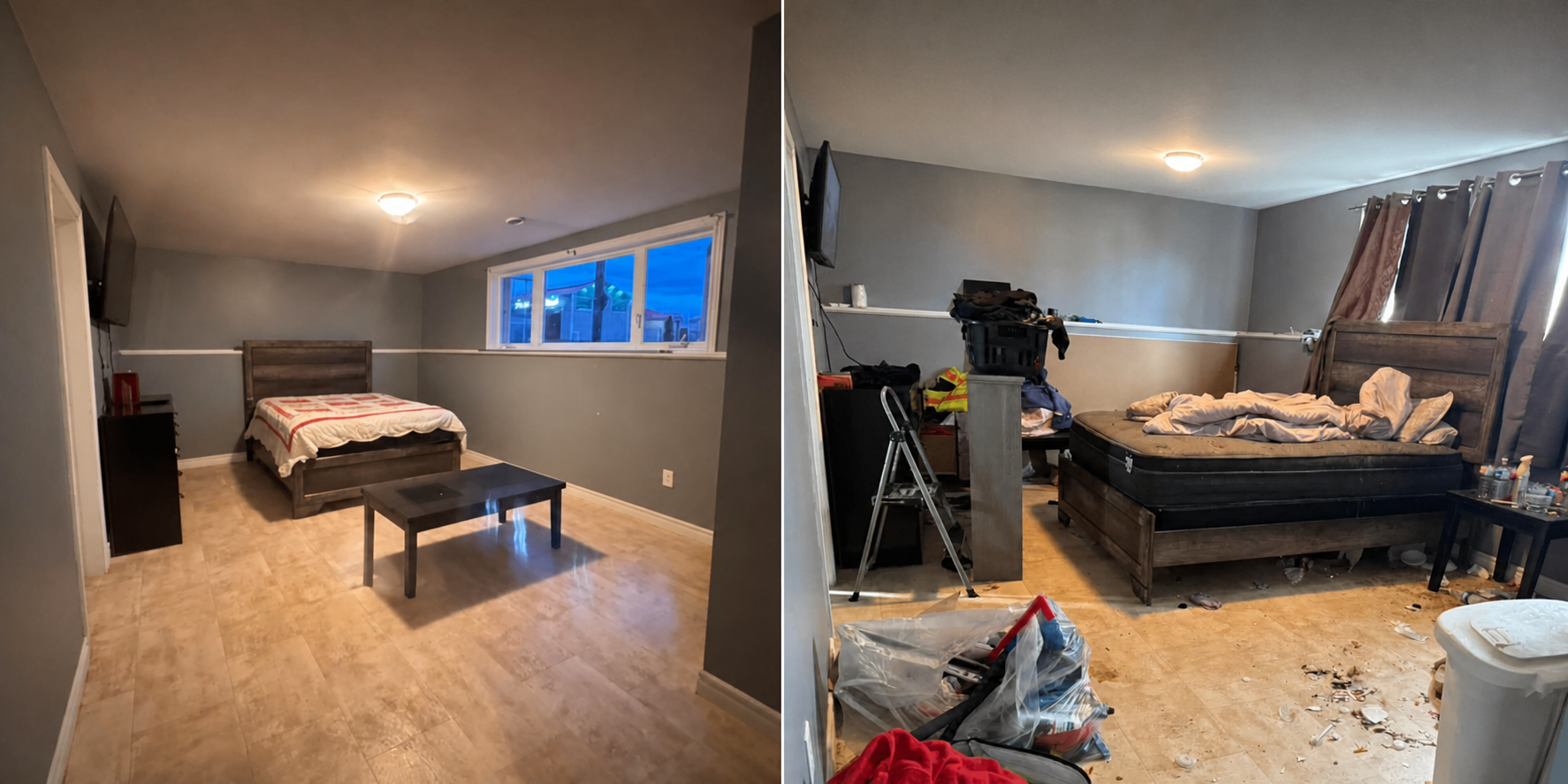 Clean bedroom on the left and bedroom before cleaning on the right