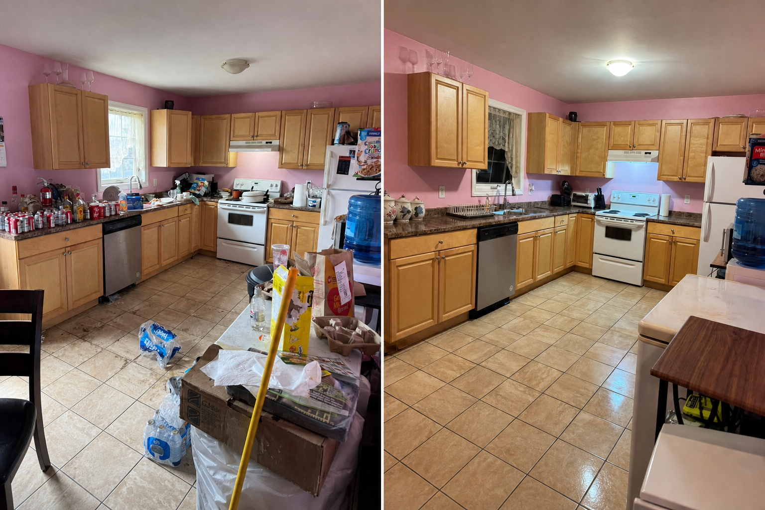 Kitchen before cleaning on the left and after cleaning on the right